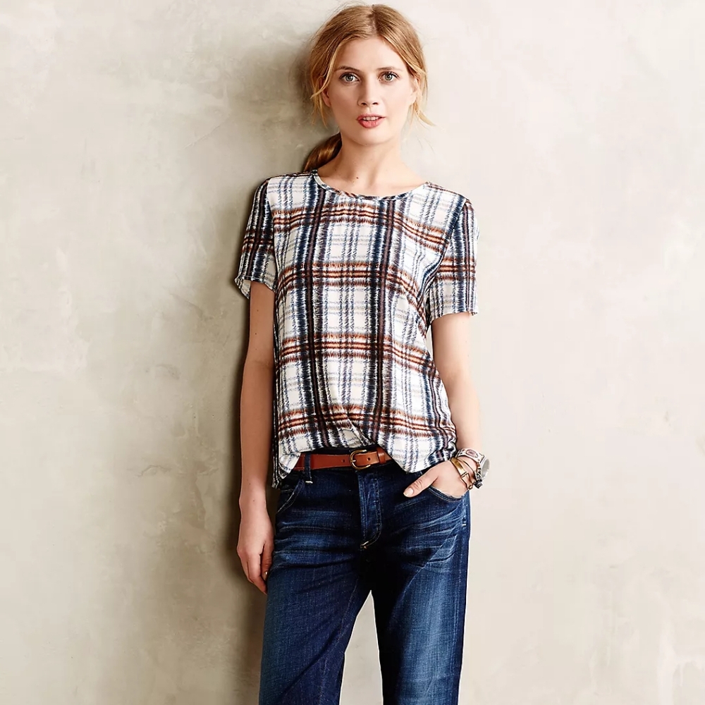 Anthropologie Maeve Plaid Short Sleeve Top Brown Blue White Tartan Crew Neck